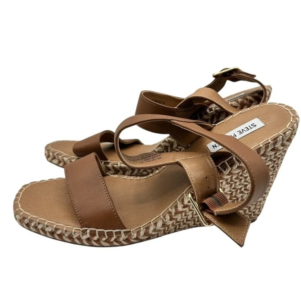 Steve Madden Women Tan‎ Leather Espadrille Wedge Sandals Ankle Strap Size 11M